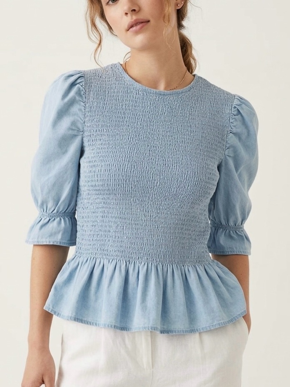 H&M Smocked Denim Peplum Blouse S Light Blue Puff Sleeve Cottagecore Boho
